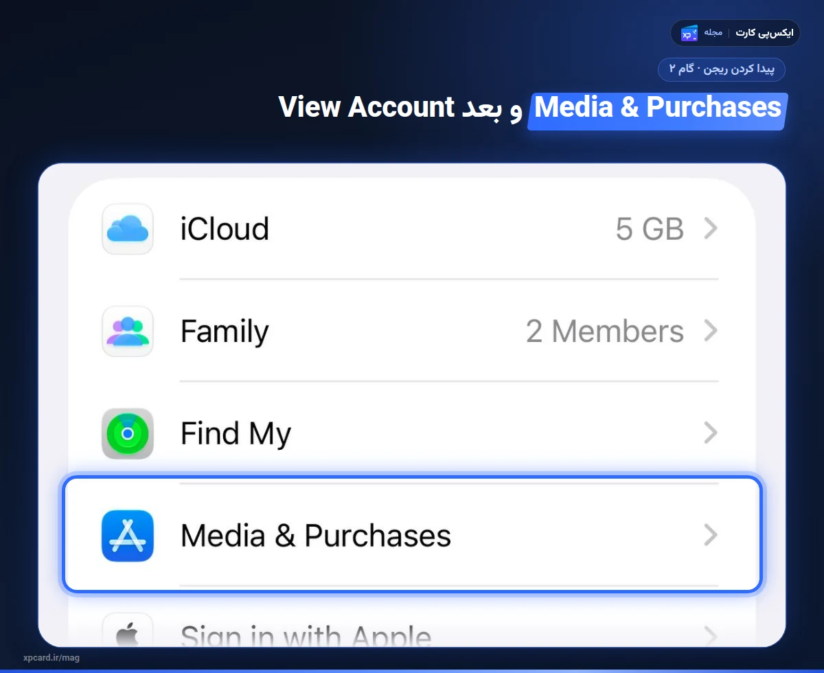 گزینه‌ی Media & Purchases در صفحه‌ی Apple Account آیفون برای دیدن ریجن اپل آیدی