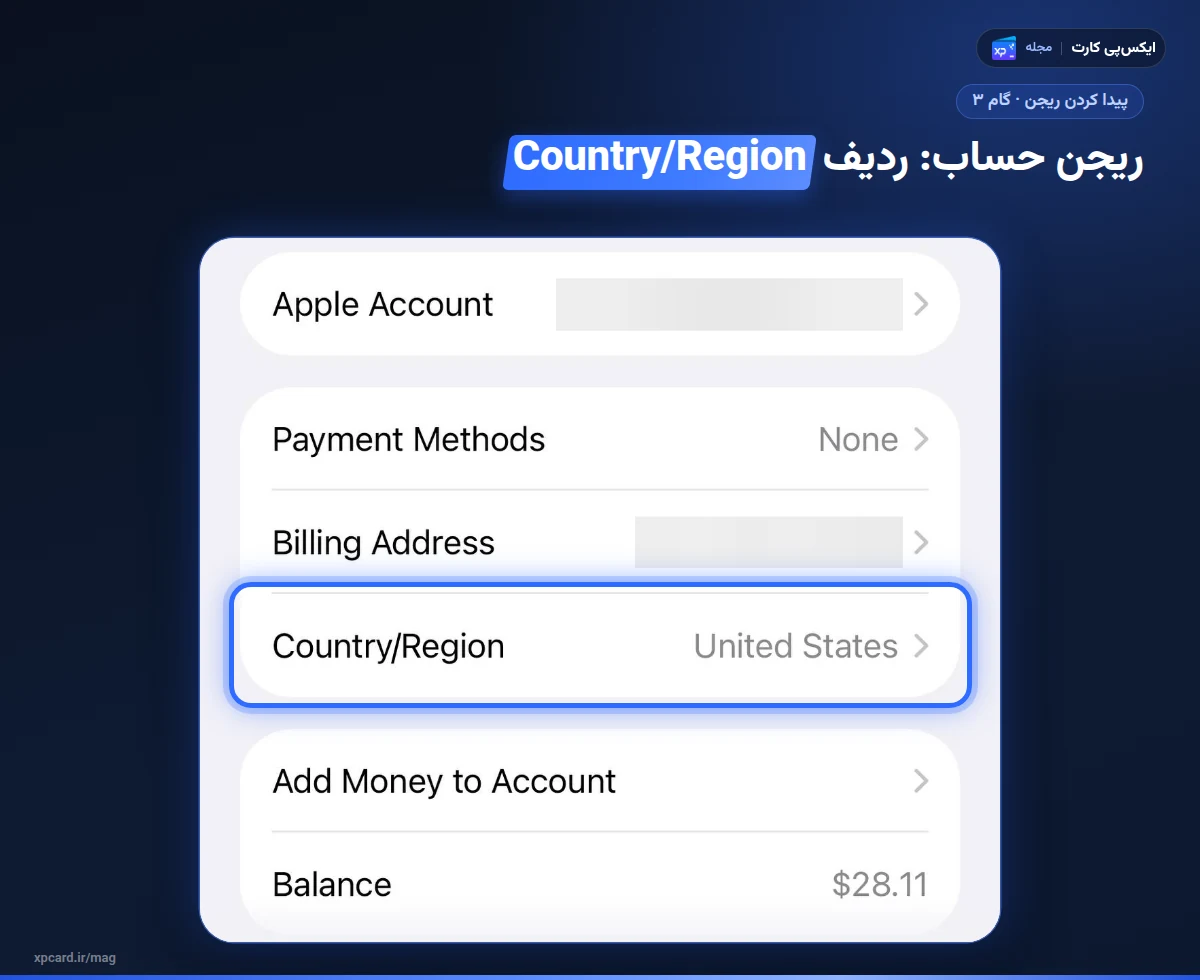 ردیف Country/Region در Account Settings که ریجن لازم برای ردیم گیفت کارت اپل در آیفون را نشان می‌دهد