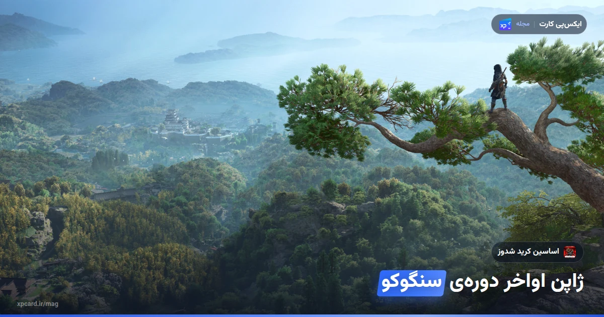 ناوئه روی شاخه‌ی کاج بالای دره‌ای با قلعه و دریا در ژاپن دوره‌ی سنگوکو؛ نمایی از بازی پیش از خرید بازی اساسین کرید شدوز