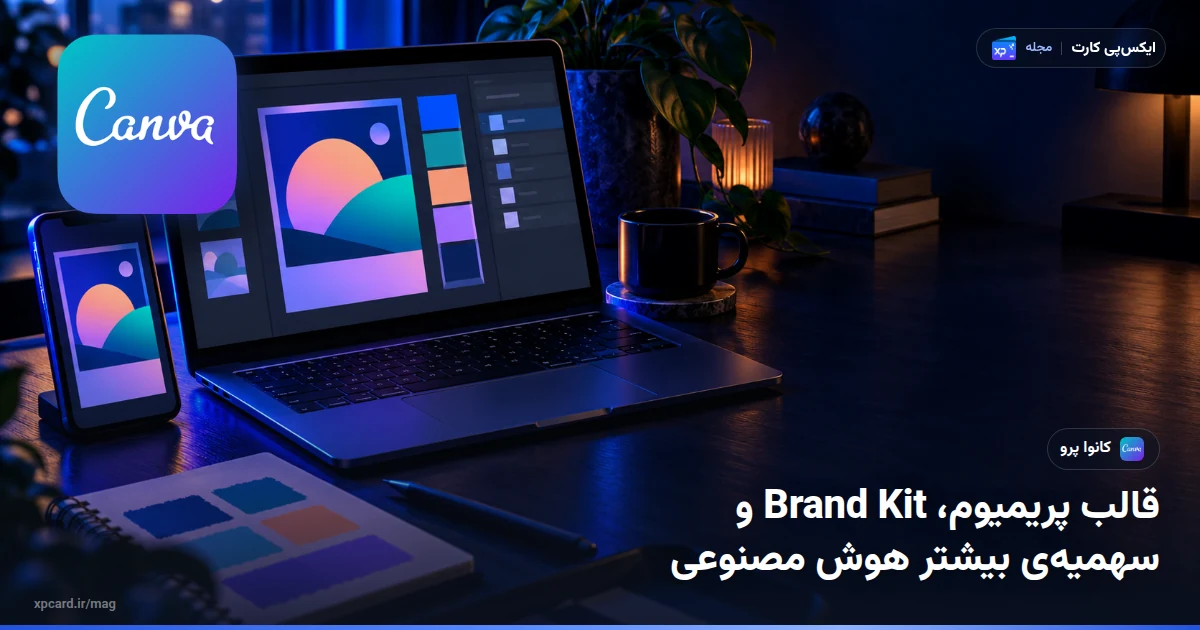 میز طراحی با لپ‌تاپ و گوشی که یک پست شبکه‌ی اجتماعی را نشان می‌دهند؛ پس از خرید کانوا پرو