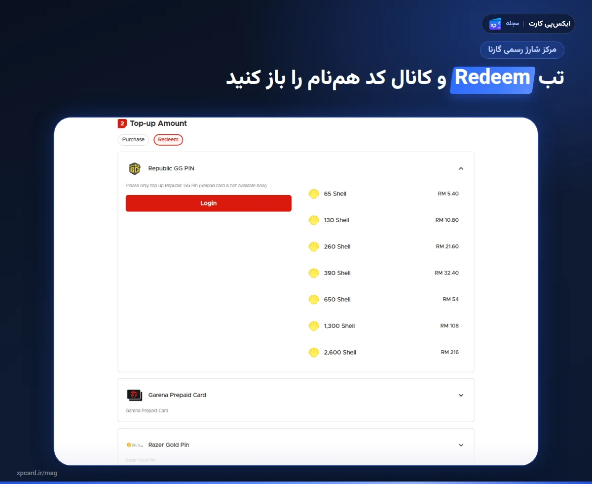 تب Redeem در مرکز شارژ رسمی گارنا؛ مرحله‌ی ریدیم در خرید گارنا شلز