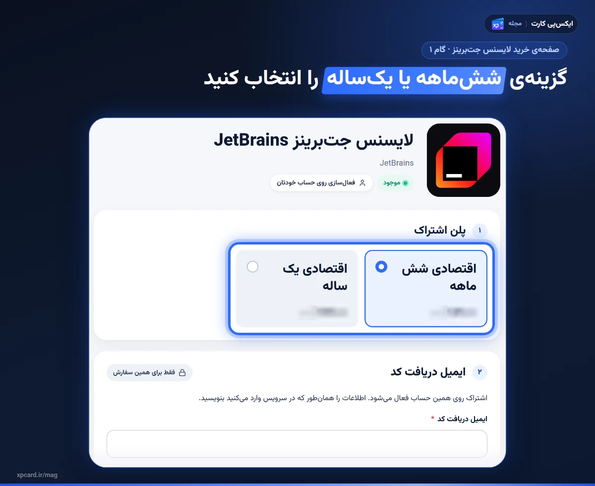 صفحهی خرید لایسنس جت برینز در ایکسپی کارت با گزینههای ششماهه و یکساله و فیلد ایمیل