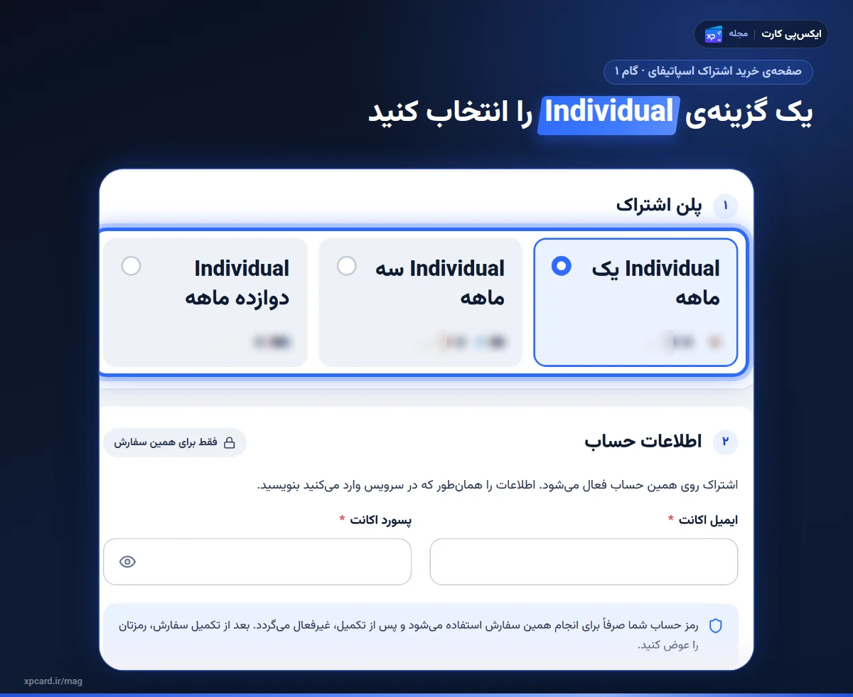 صفحه‌ی خرید اشتراک اسپاتیفای در ایکس‌پی‌کارت با گزینه‌های Individual و فیلدهای ایمیل و پسورد اکانت