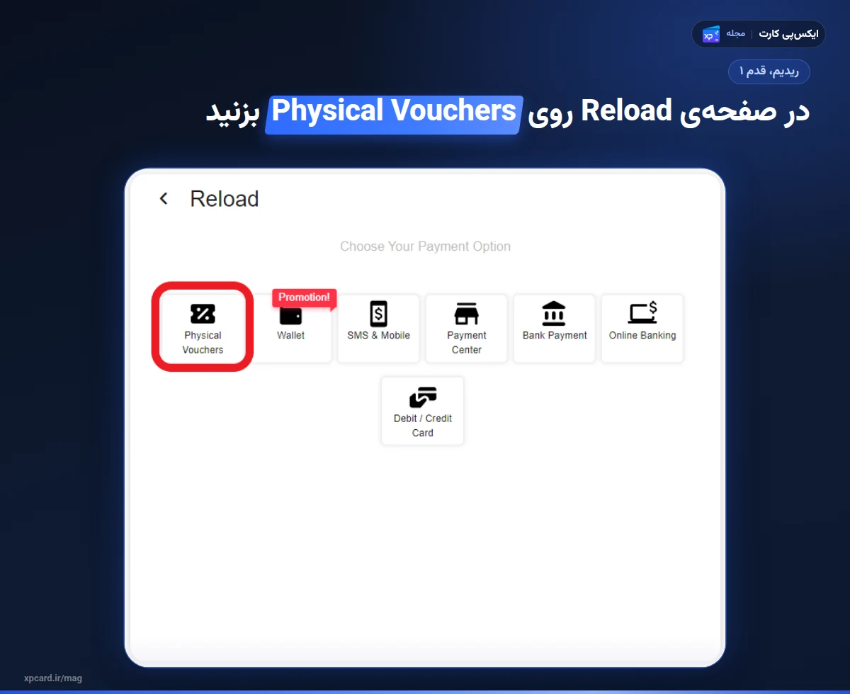 صفحهی Reload سایت یونیپین با گزینهی Physical Vouchers؛ اولین قدم ریدیم در خرید ووچر یونیپین